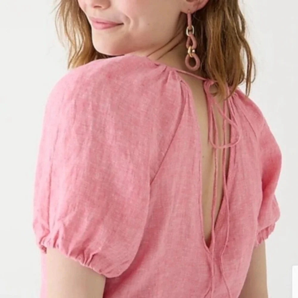 J. Crew Pink Linen Puff Sleeve Top Women's 4 Tie Back Beach Resort